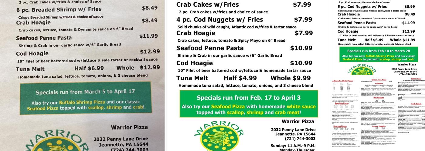 Warrior Pizza Menu