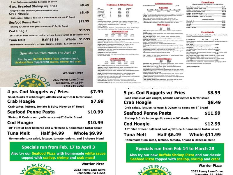 Warrior Pizza Menu