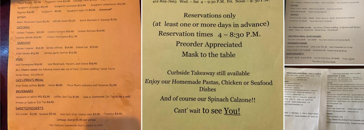 Angie's Restaurant Menu