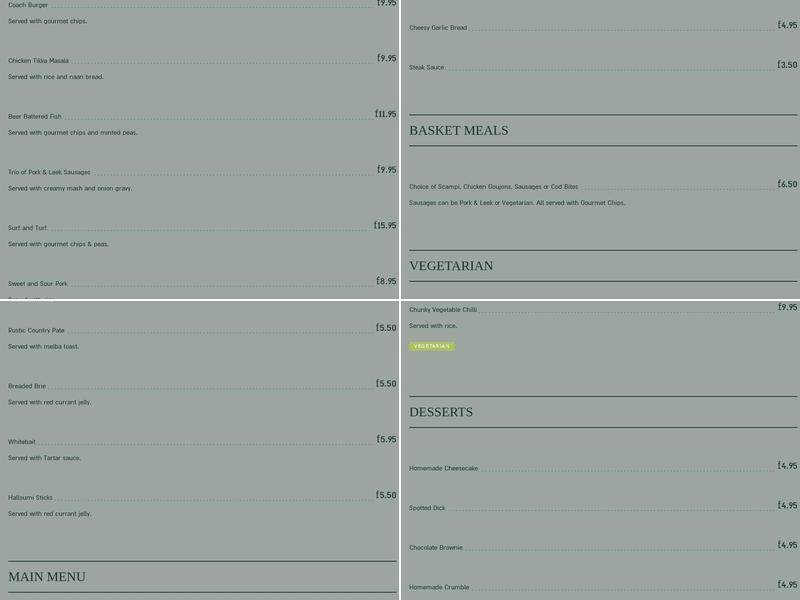 Coach & Horses Inn Menu