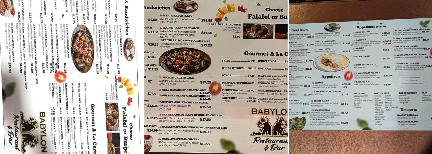 Babylon Restaurant and Bar Menu