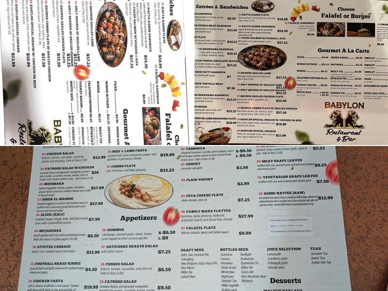 Babylon Restaurant and Bar Menu