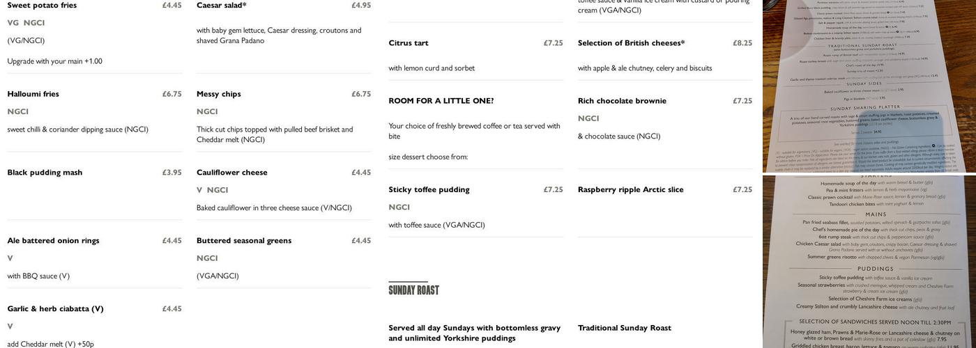 Vale Royal Abbey Arms Menu