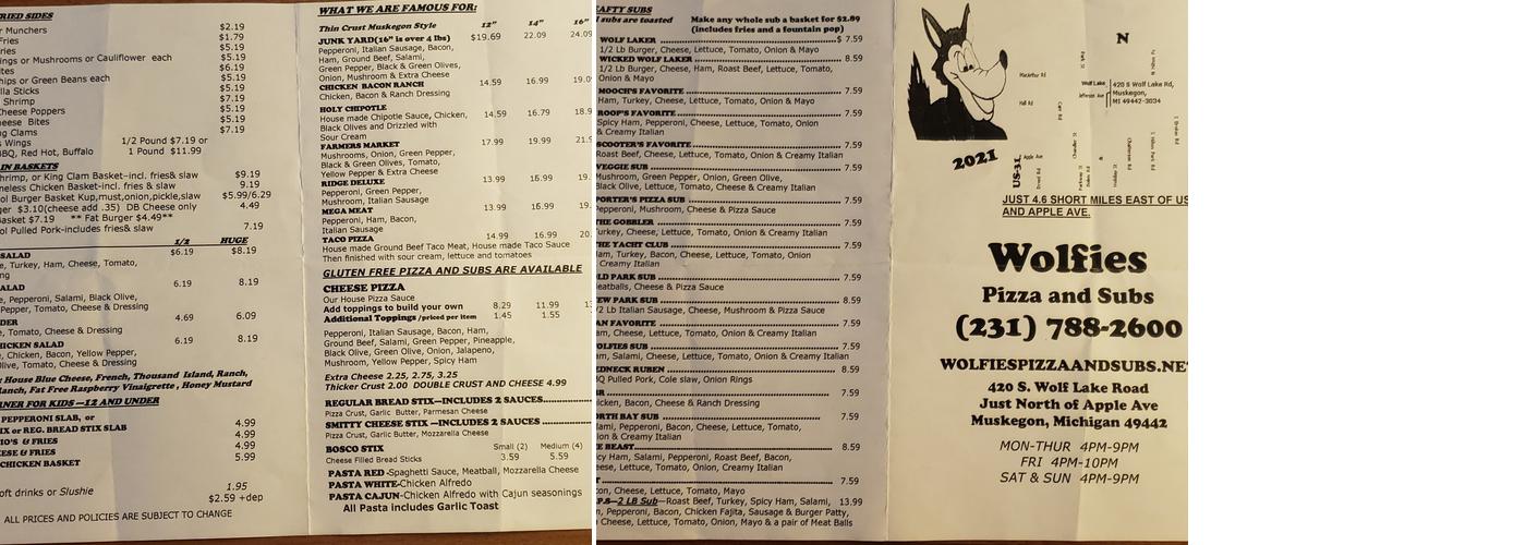 Wolfies Pizza and Subs Menu