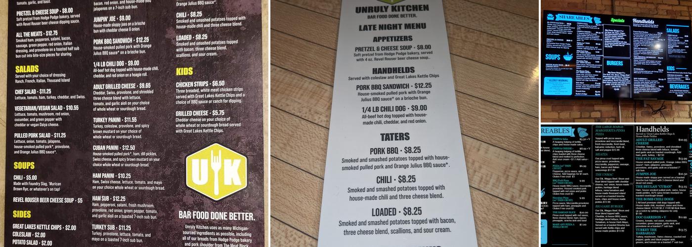Unruly Brewing Company Menu