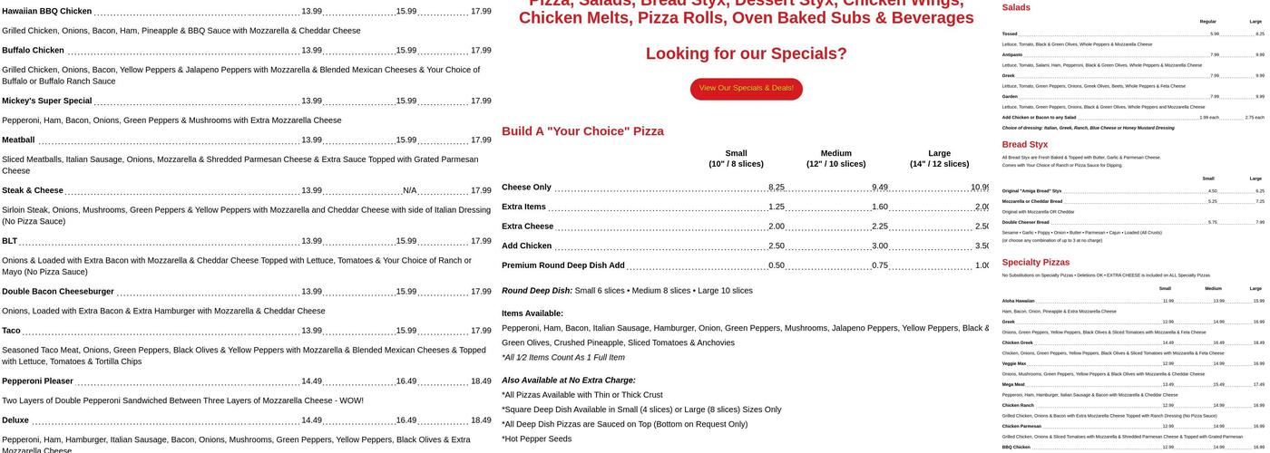 Mickey's Pizza Menu