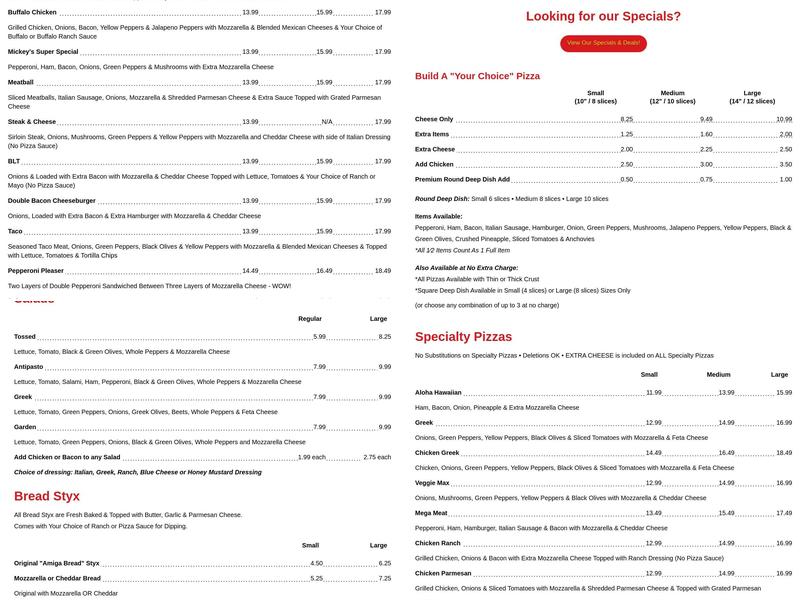 Mickey's Pizza Menu