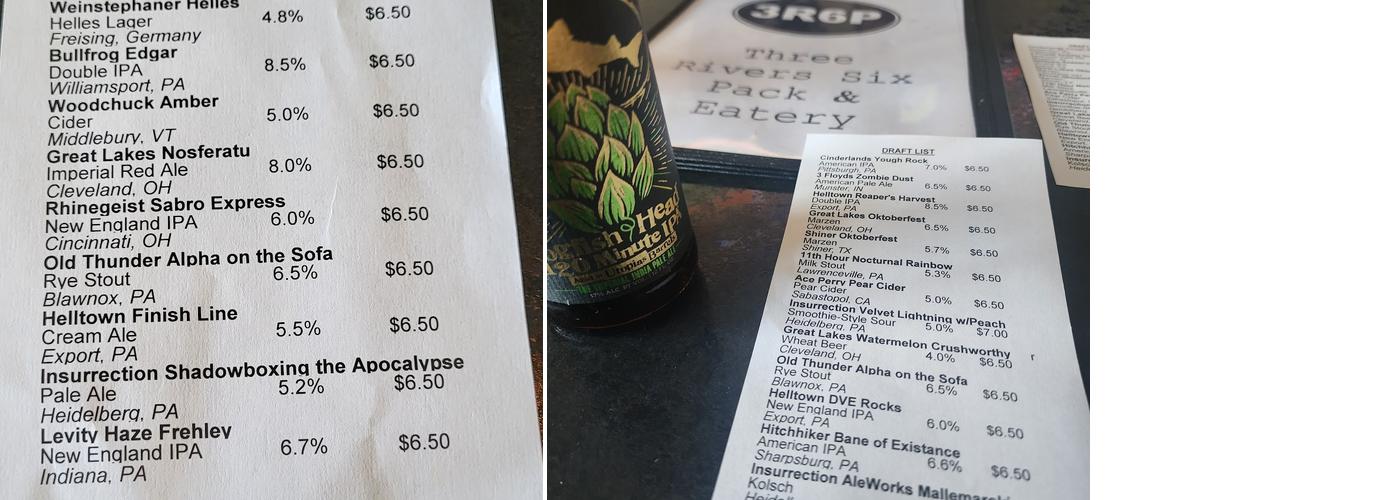 3 Rivers 6 Pack & Eatery Menu