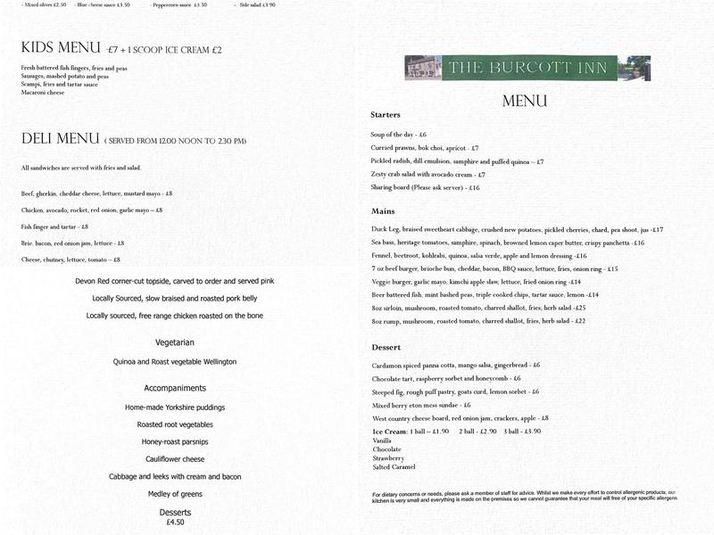 Burcott Inn Menu