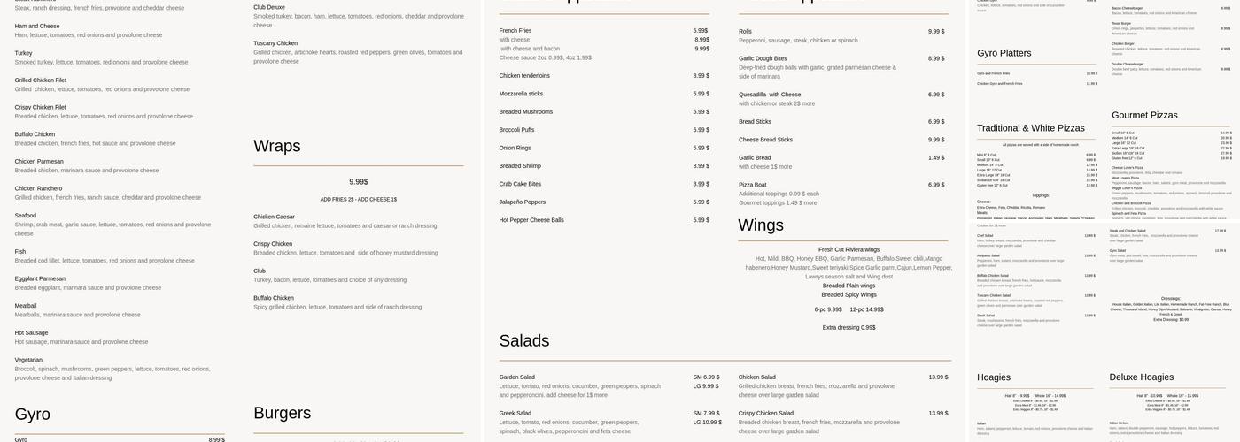 Riviera Pizza and Pasta Menu