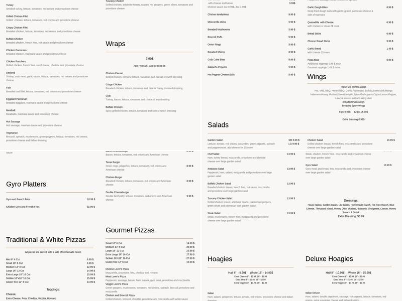 Riviera Pizza and Pasta Menu