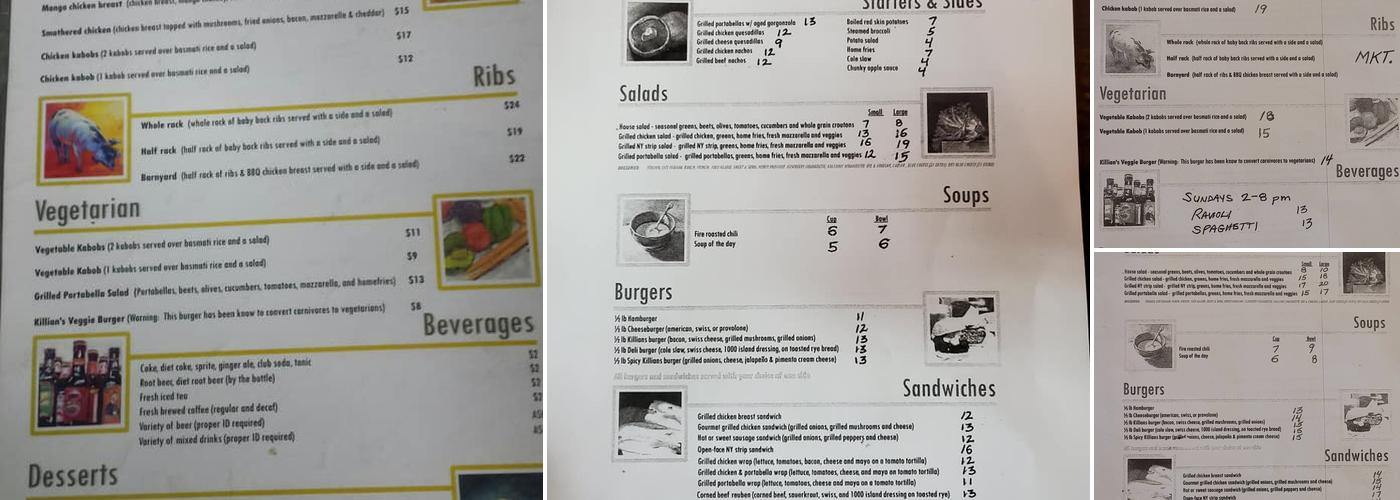 Killians Hardwood Grill Menu