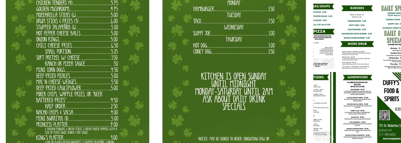 Duffy's Food & Spirits Menu