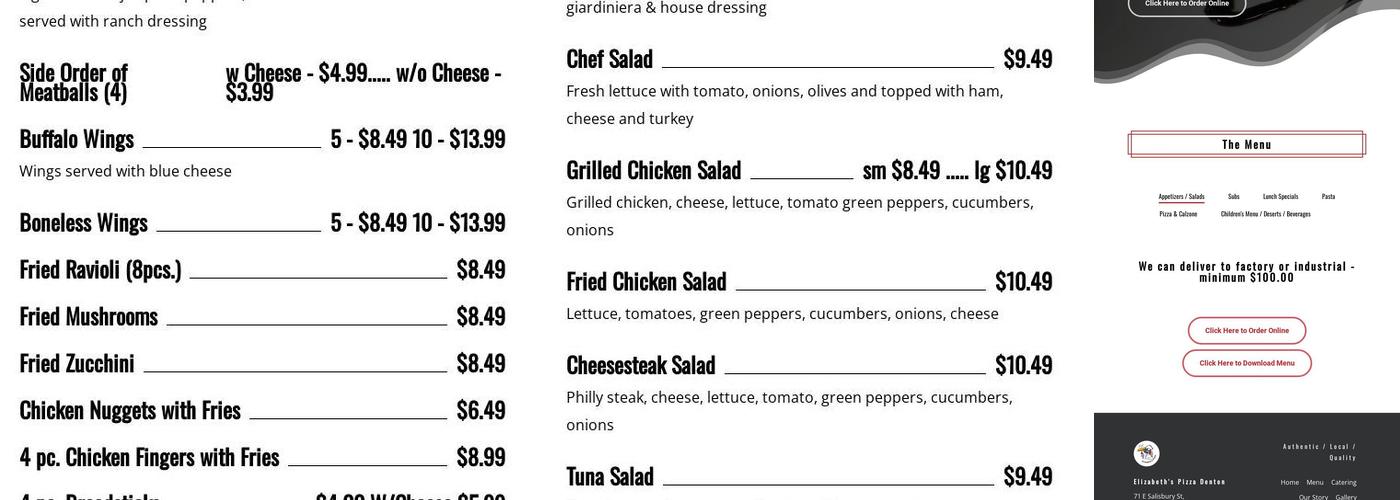 Elizabeth's Pizza Express Menu