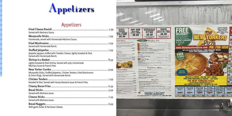 The New Yorker Pizza Menu