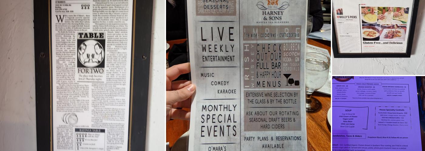 O'Mara's Restaurant Menu