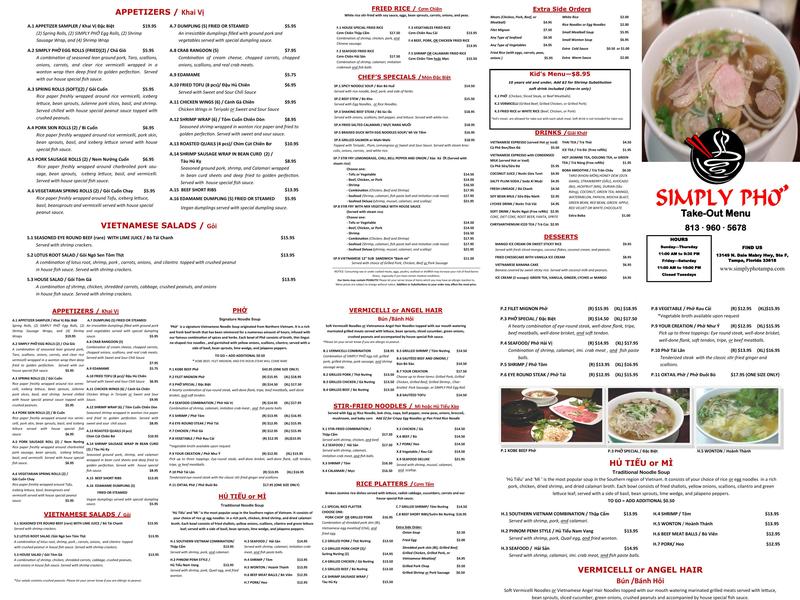 Simply Phở Menu