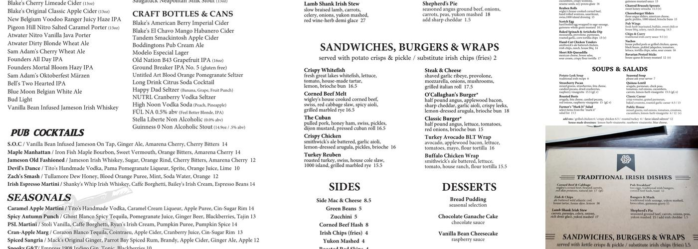 Sean O’Callaghan's Public House Menu