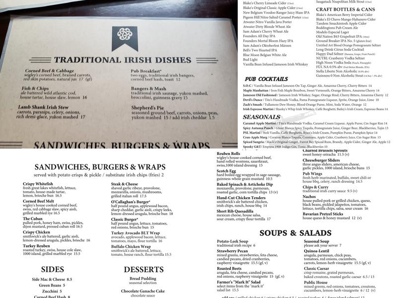 Sean O’Callaghan's Public House Menu