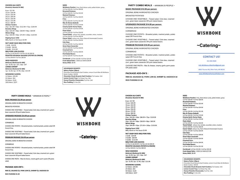 Wishbone Broasted Chicken Menu