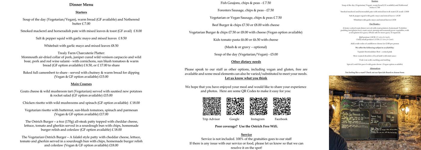 The Ostrich Inn Menu