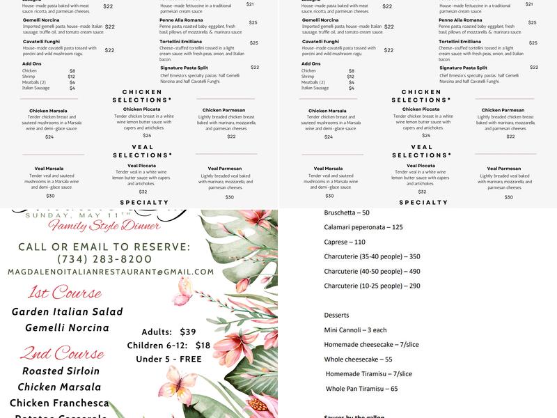 Magdaleno Ristorante` Menu