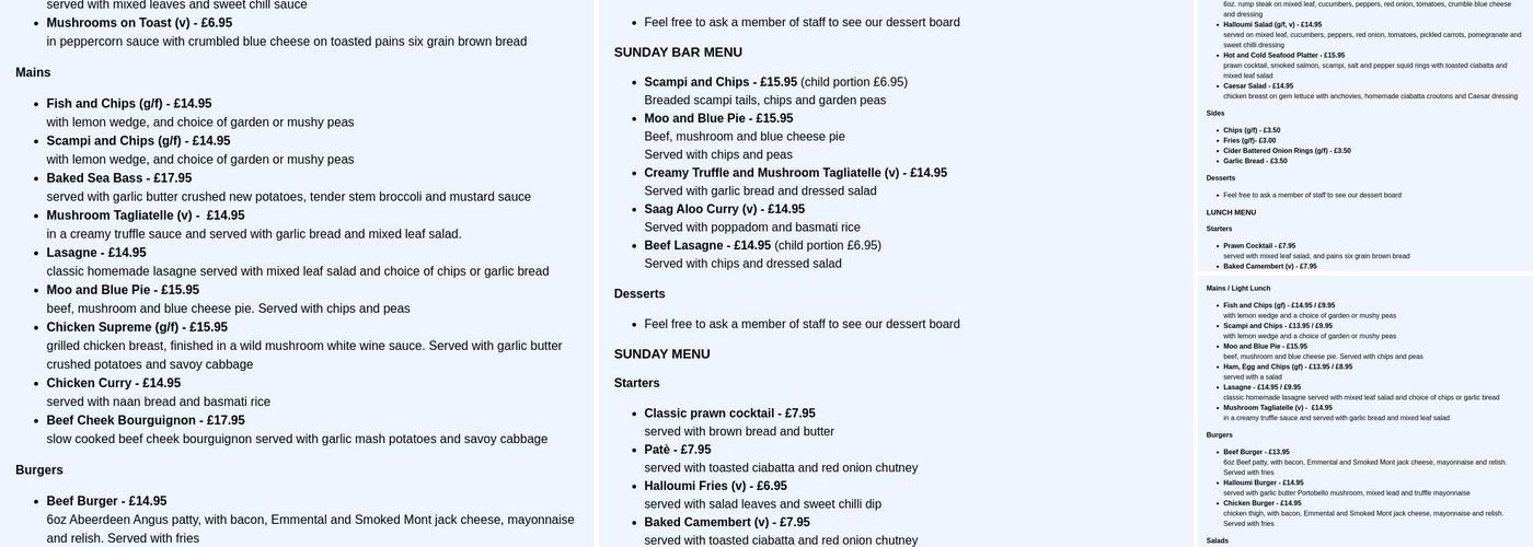 Crown and Anchor, Hereford Menu