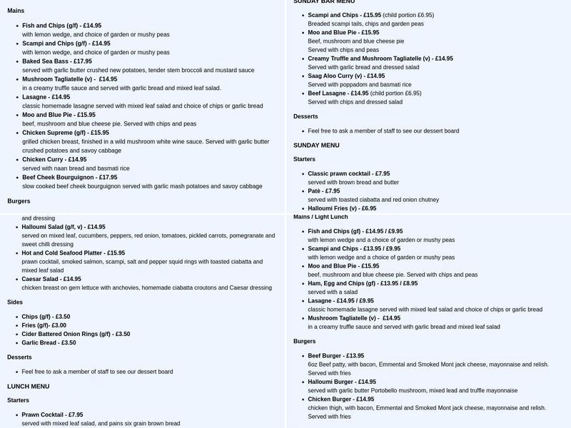 Crown and Anchor, Hereford Menu