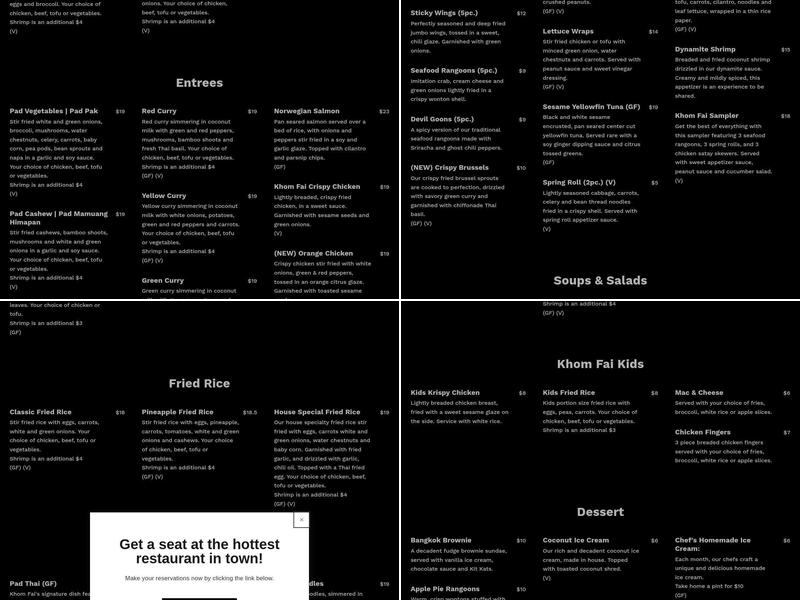 Khom Fai Thai Dining Experience Menu