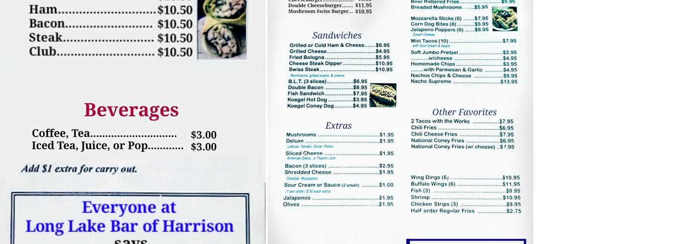 Long Lake Bar Menu