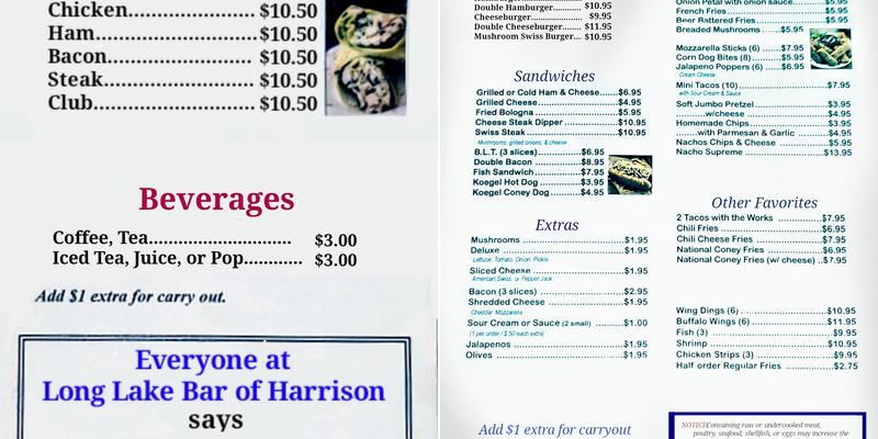 Long Lake Bar Menu
