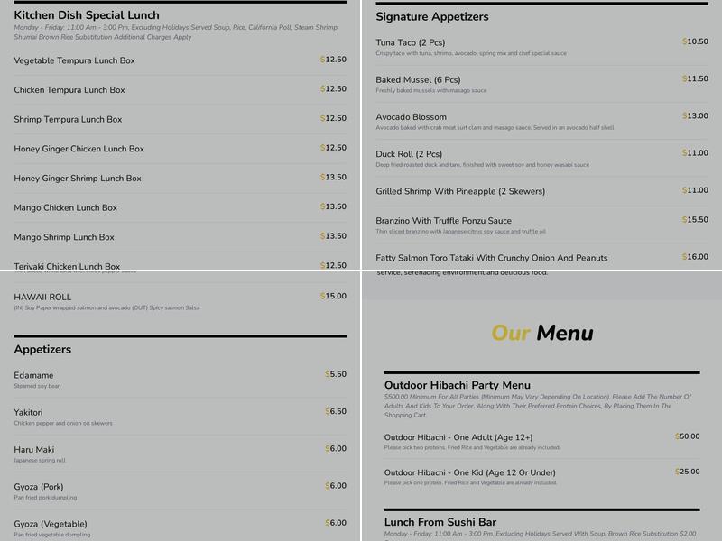 To-Kai Sushi, Hibachi Steakhouse and Bar Menu