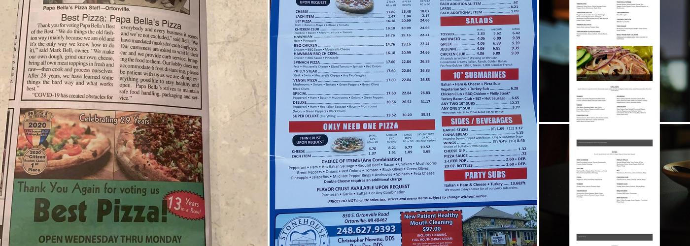 Papa Bellas' Pizza Menu