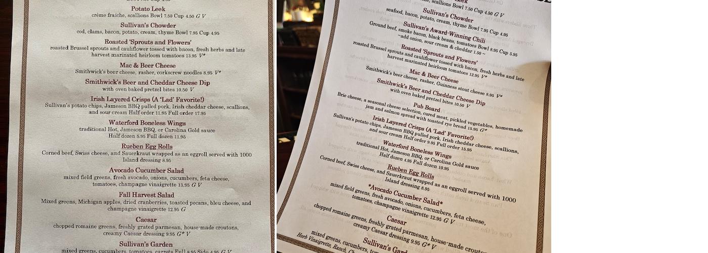 Sullivan's Public House Menu