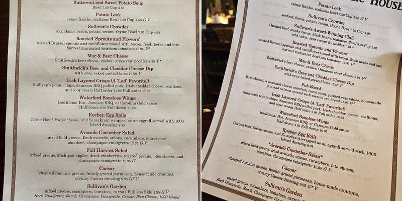 Sullivan's Public House Menu