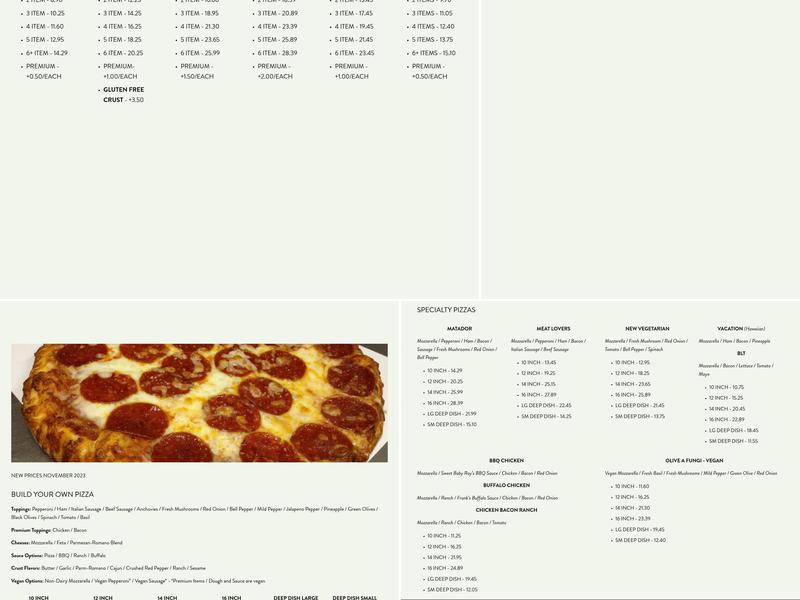 Matador's Pizza and Take Out Menu