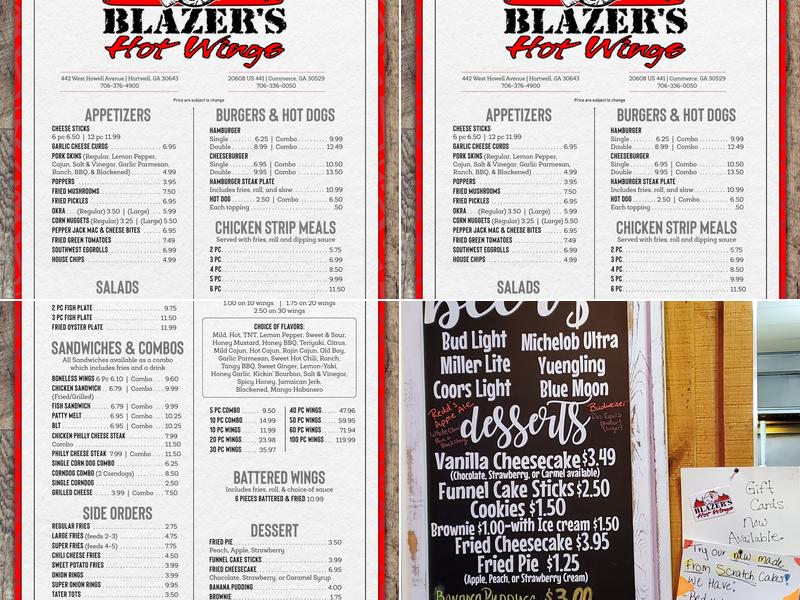 Blazers Hot Wings Menu