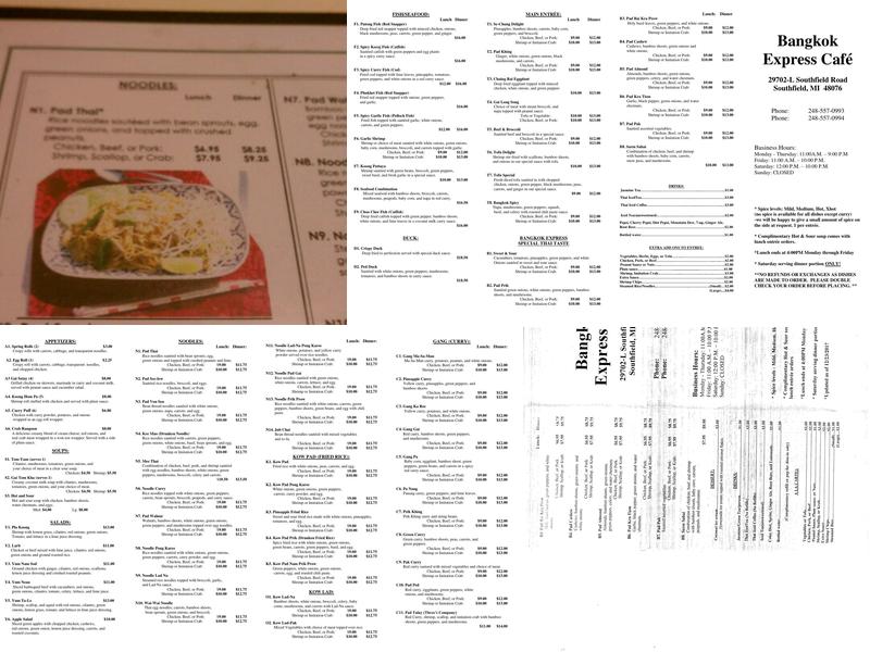 Bangkok Express Cafe Menu