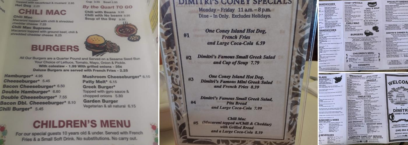 Dimitri's Coney Island Menu