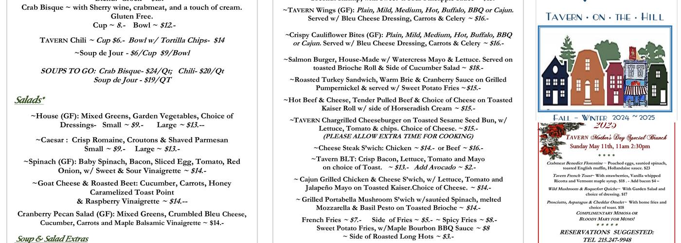 Tavern On the Hill Menu