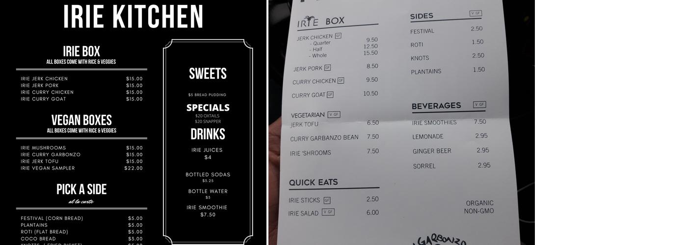 IRIE KITCHEN Menu