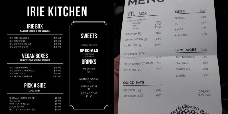 IRIE KITCHEN Menu