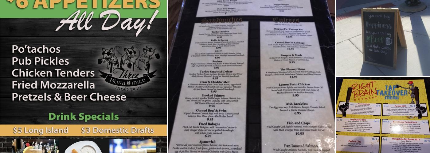 Three Blind Mice Irish Pub Menu