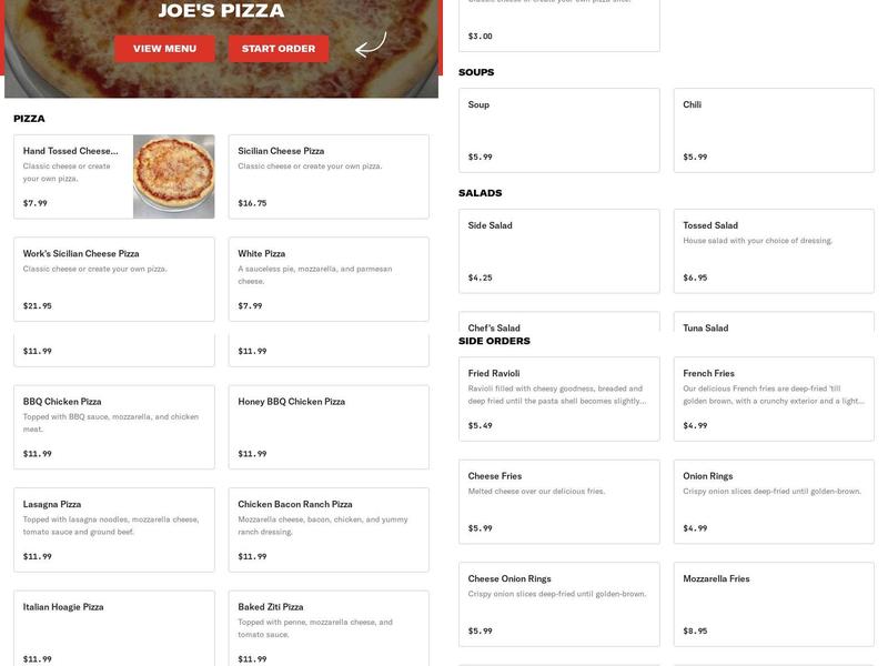 Joe's Pizza Menu