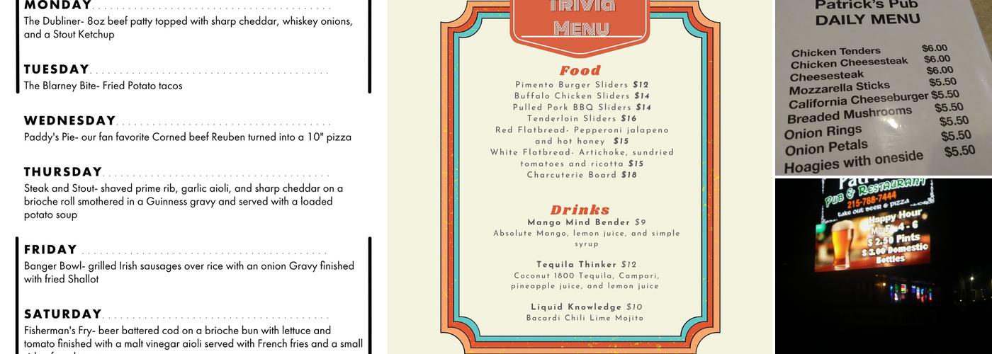 Patrick's Pub & Restaurant Menu