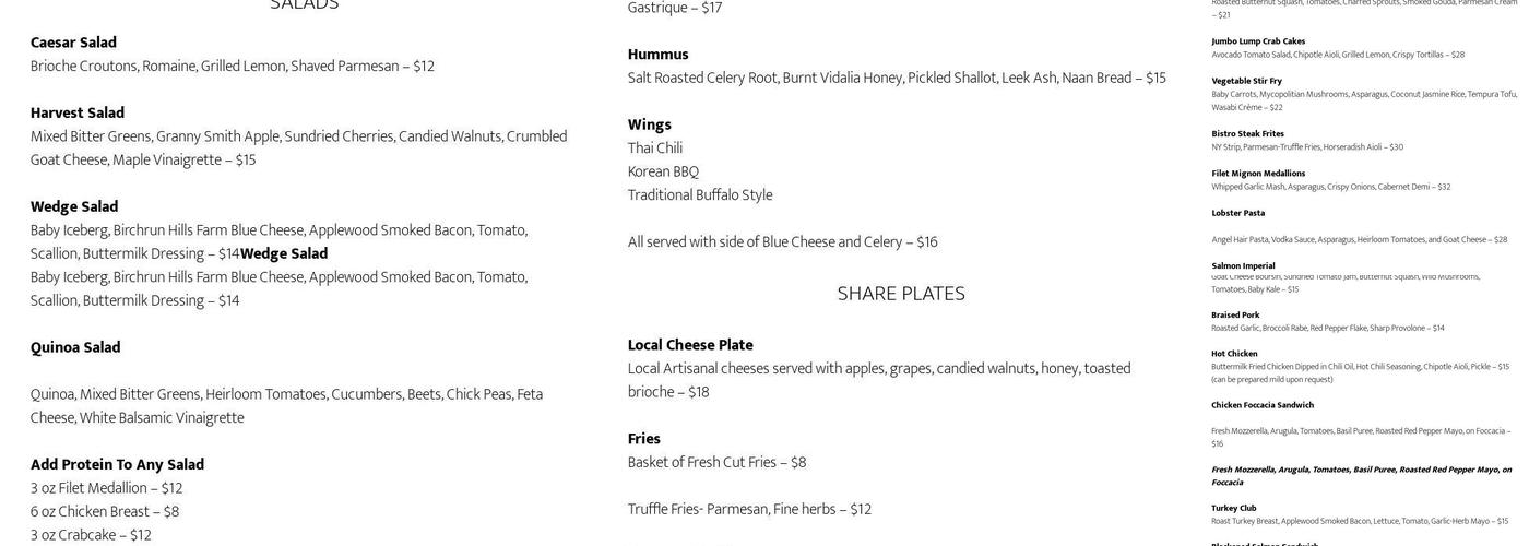 Valley Green Inn Menu