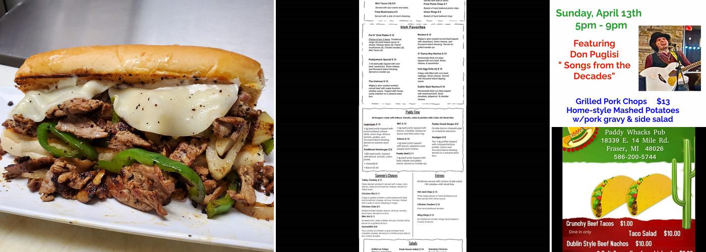 Paddy Whacks Pub Menu