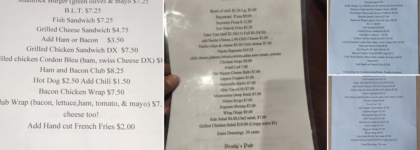 Brady's Pub Menu