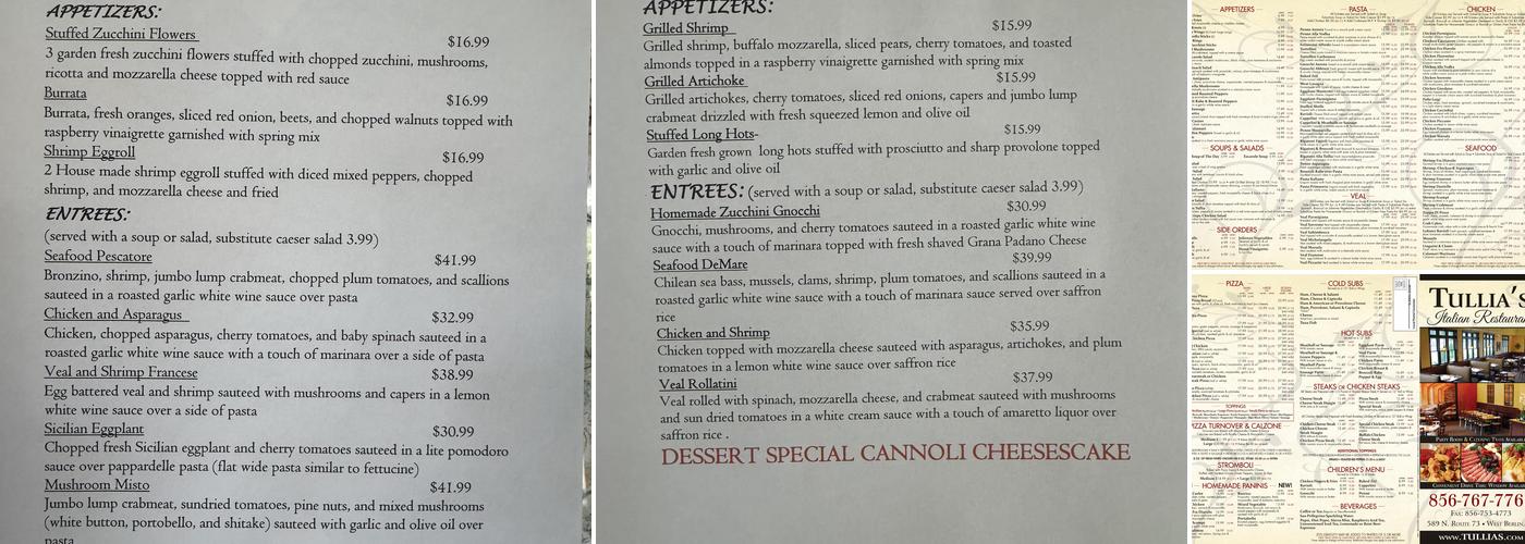 Tullia's Resturaunt Menu