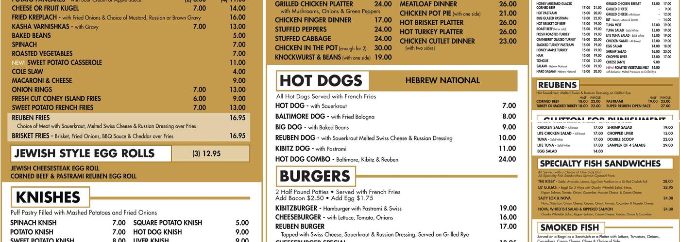 The Kibitz Room Menu